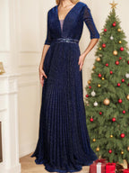 V Neck A Line Princess Gown With Three Quarter Sleeves For Mother Of The Bride