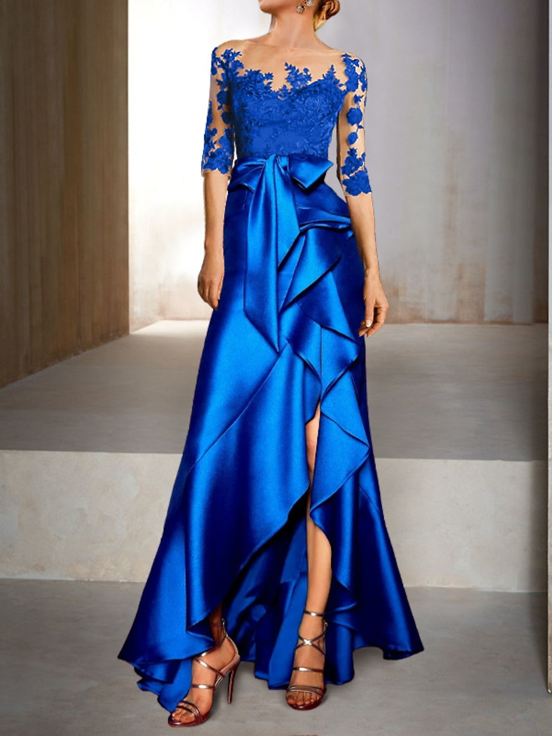 Mother Of The Bride Dress Trumpet Jewel Neck Half Sleeve Floor Length Mermaid