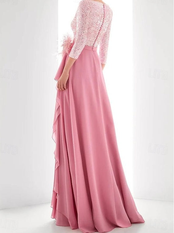 Asymmetrical A Line Jewel Neck Gown Long Sleeves Sequin Feather Pearl Details