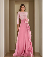 Asymmetrical A Line Jewel Neck Gown Long Sleeves Sequin Feather Pearl Details