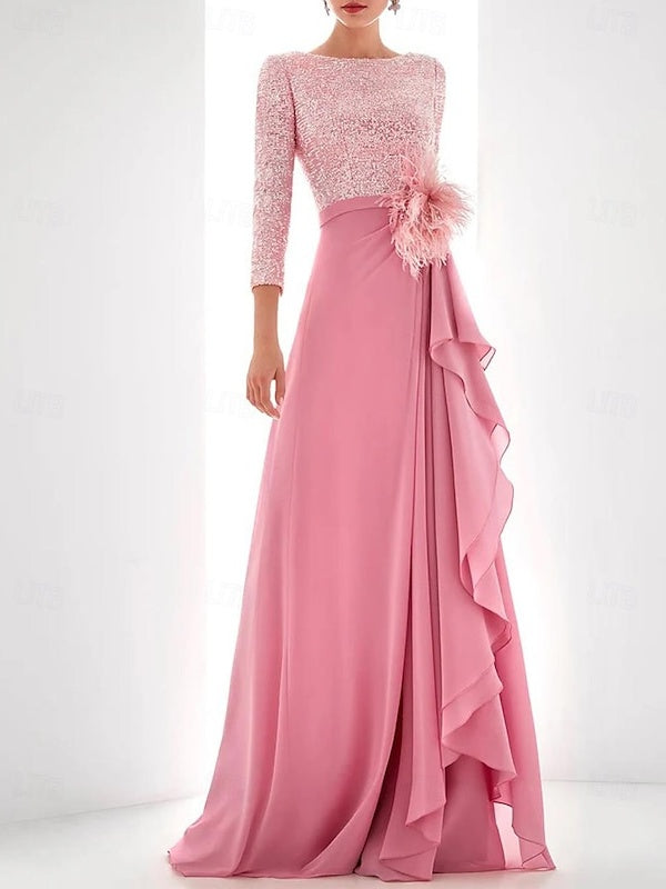 Asymmetrical A Line Jewel Neck Gown Long Sleeves Sequin Feather Pearl Details