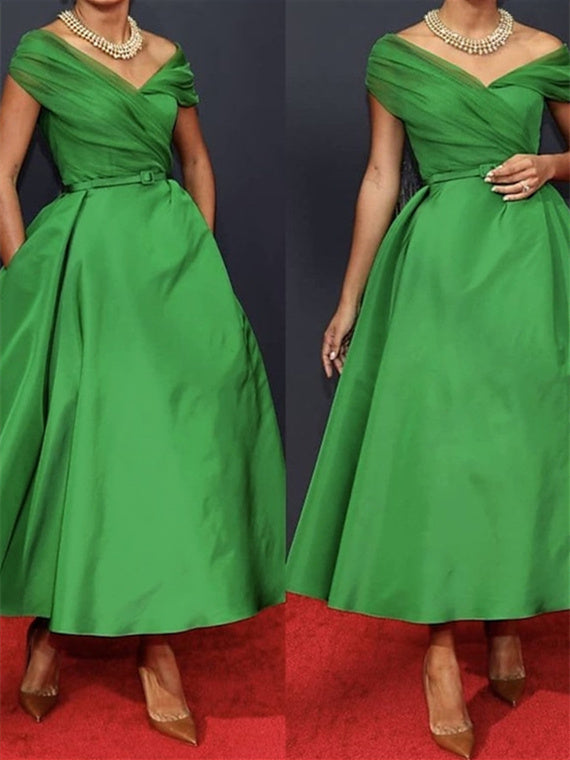 Off Shoulder Sleeveless A Line Ruched Ankle Length Dress For Mother Of The Bride