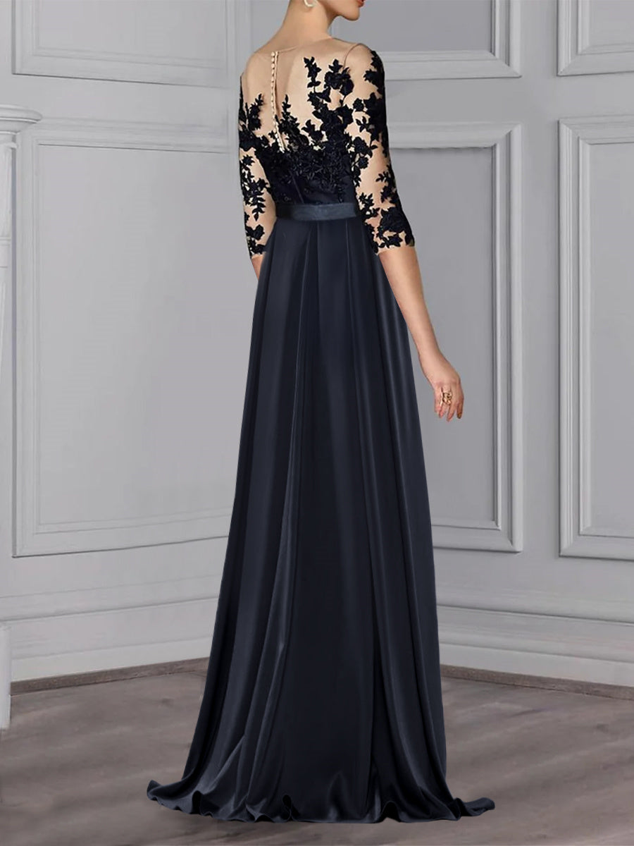 Floor Length Mother Of The Bride A Line Dress With Jewel Neck And Sleeves