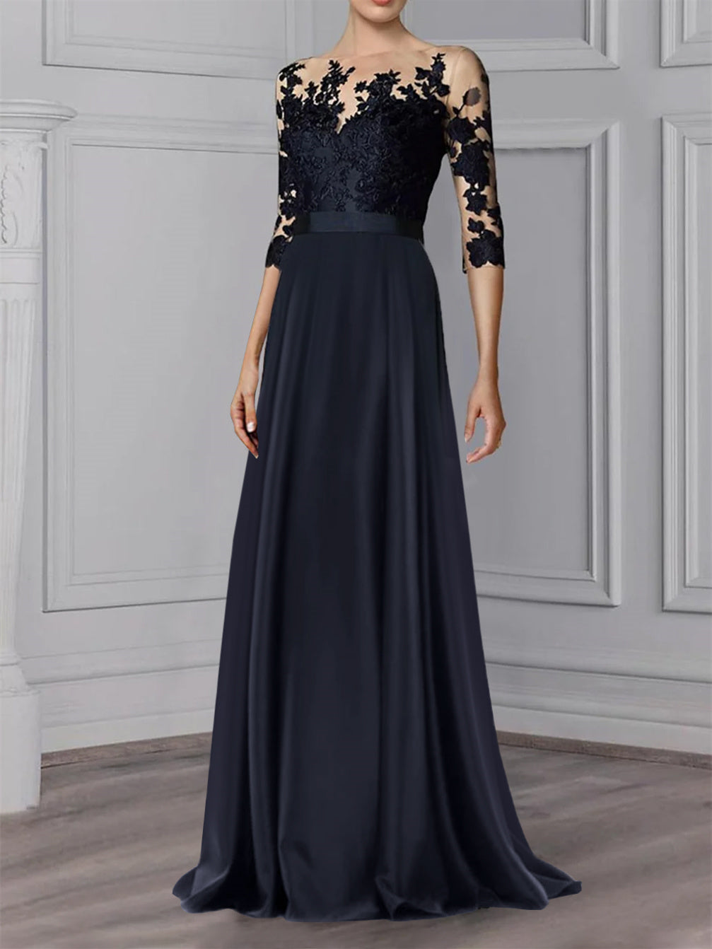 Floor Length Mother Of The Bride A Line Dress With Jewel Neck And Sleeves