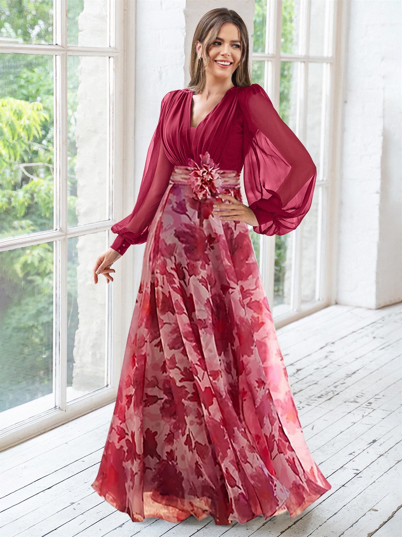 Floral Plus Size Mother Of The Bride Dress With V Neck And Long Sleeves