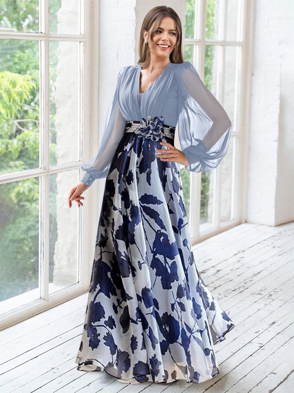 Floral Plus Size Mother Of The Bride Dress With V Neck And Long Sleeves