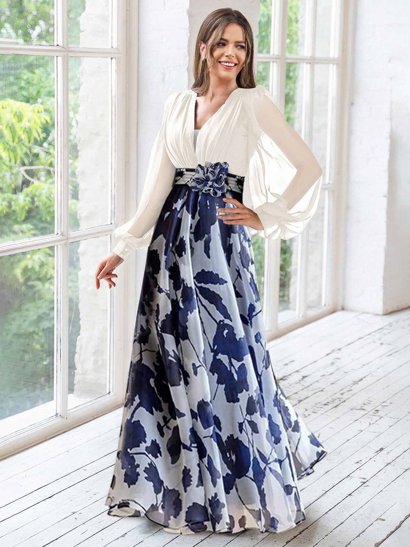 Floral Plus Size Mother Of The Bride Dress With V Neck And Long Sleeves