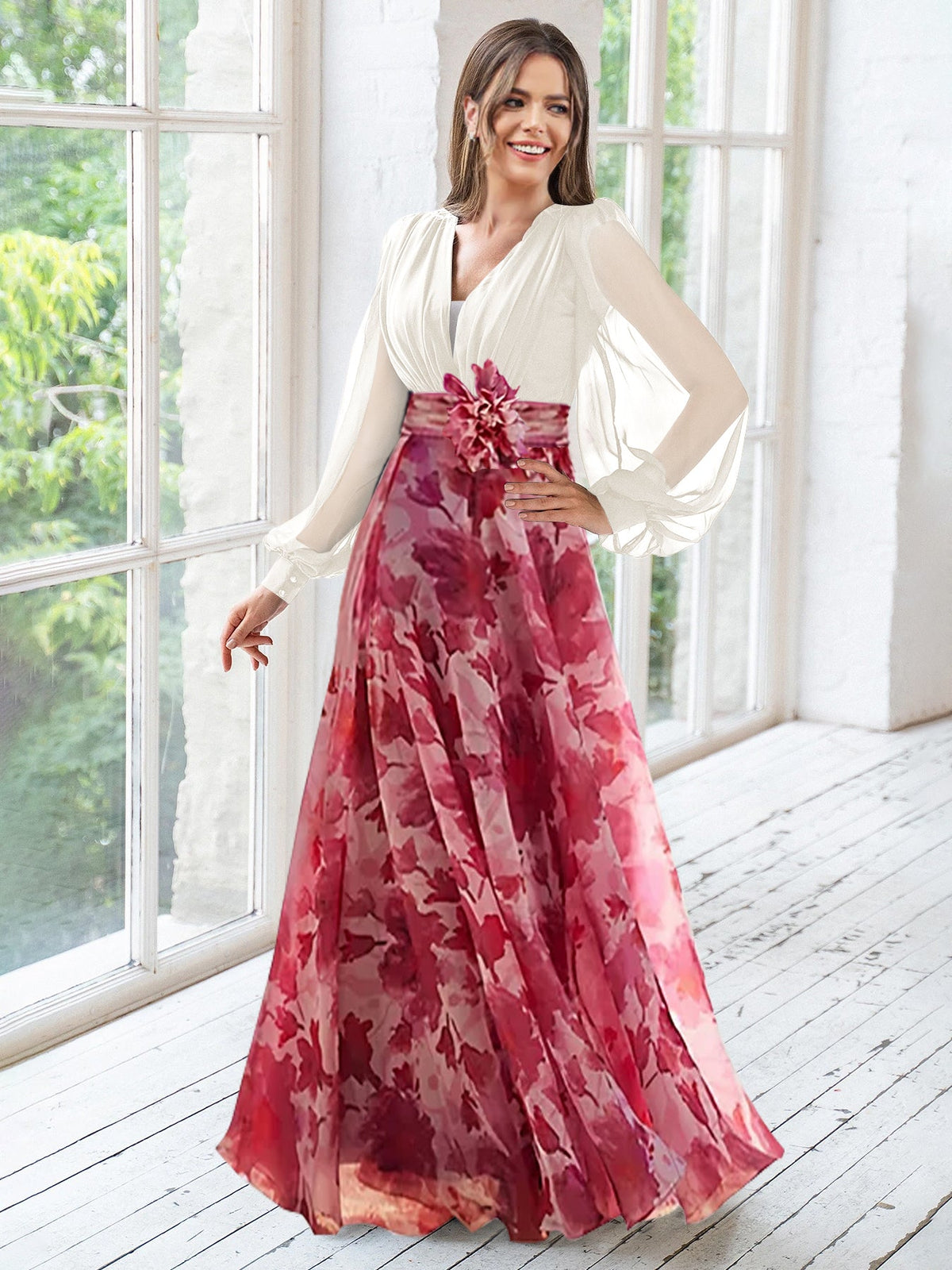 Floral Plus Size Mother Of The Bride Dress With V Neck And Long Sleeves