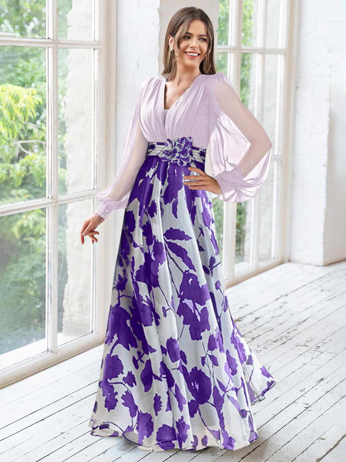 Floral Plus Size Mother Of The Bride Dress With V Neck And Long Sleeves