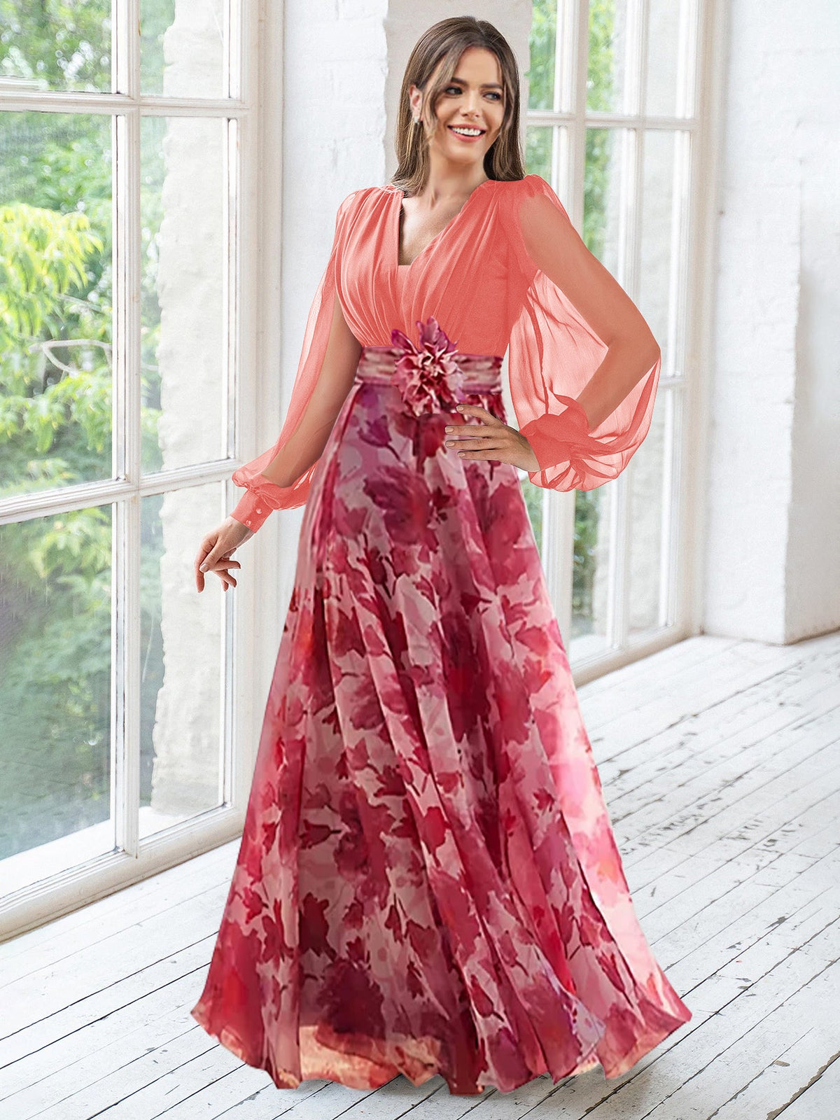 Floor-Length Floral Mother of the Bride Princess V-Neck A-Line Dress With Long Sleeves and Flower