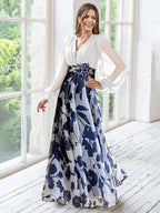 Floral Plus Size Mother Of The Bride Dress With V Neck And Long Sleeves