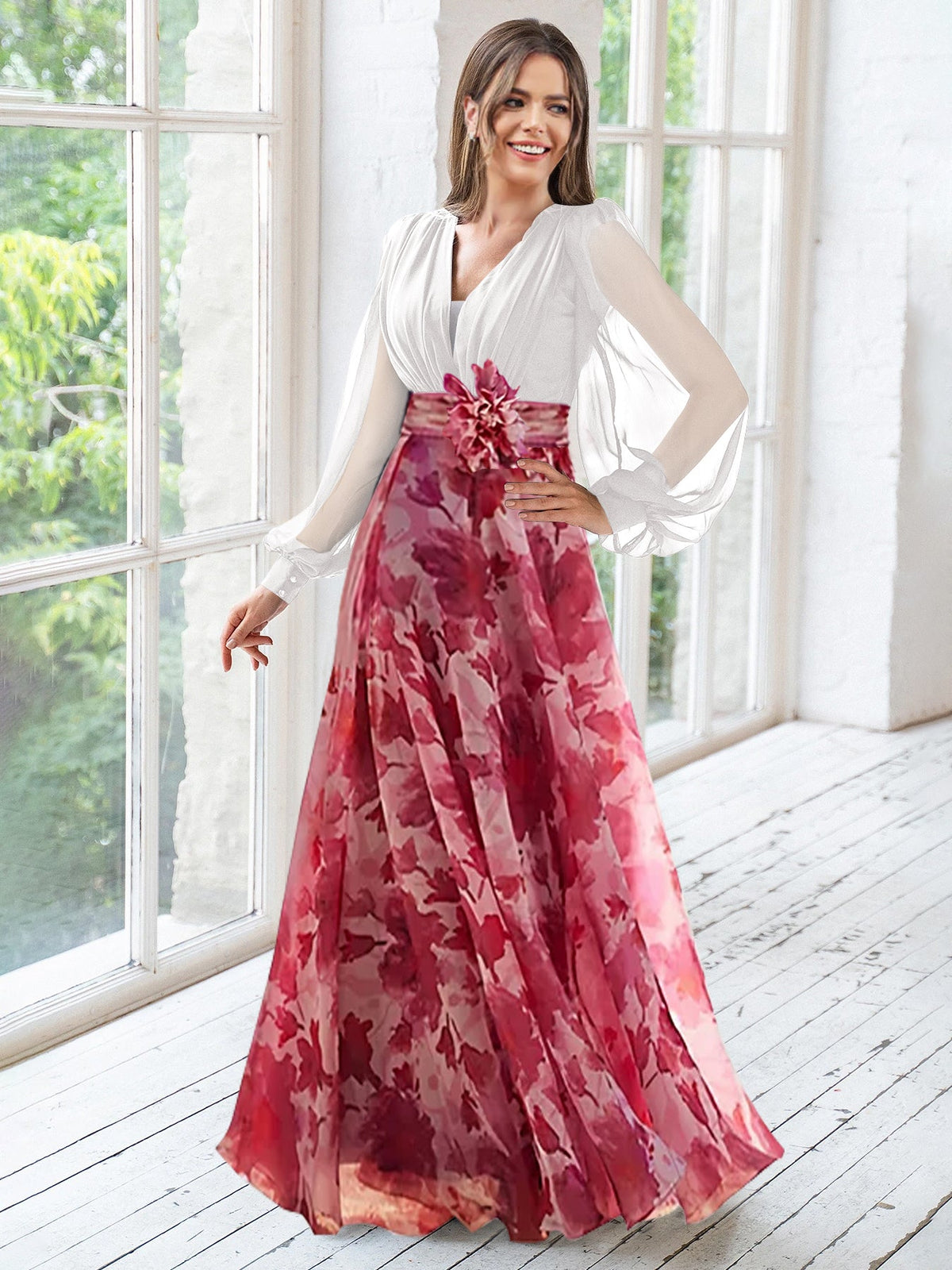 Floral Plus Size Mother Of The Bride Dress With V Neck And Long Sleeves