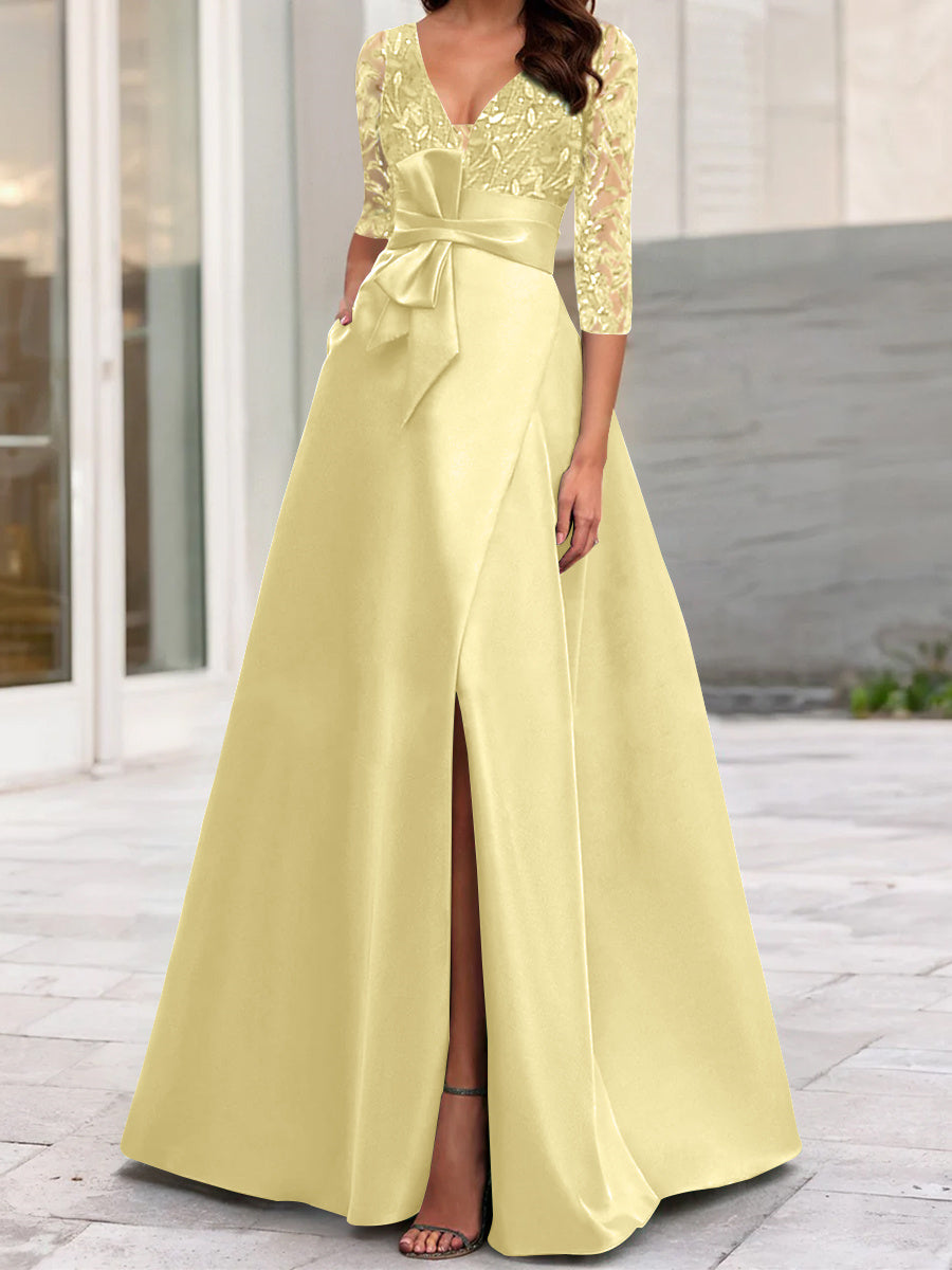 V Neck A Line Floor Length Mother Of The Bride Gown Ruffles Sequined Bow