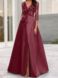 V Neck A Line Floor Length Mother Of The Bride Gown Ruffles Sequined Bow