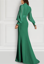 Long Sleeve V Neck Chiffon Mother Of The Bride Dress Mermaid Train Strappy Slit