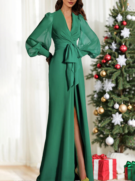 Long Sleeve V Neck Chiffon Mother Of The Bride Dress Mermaid Train Strappy Slit