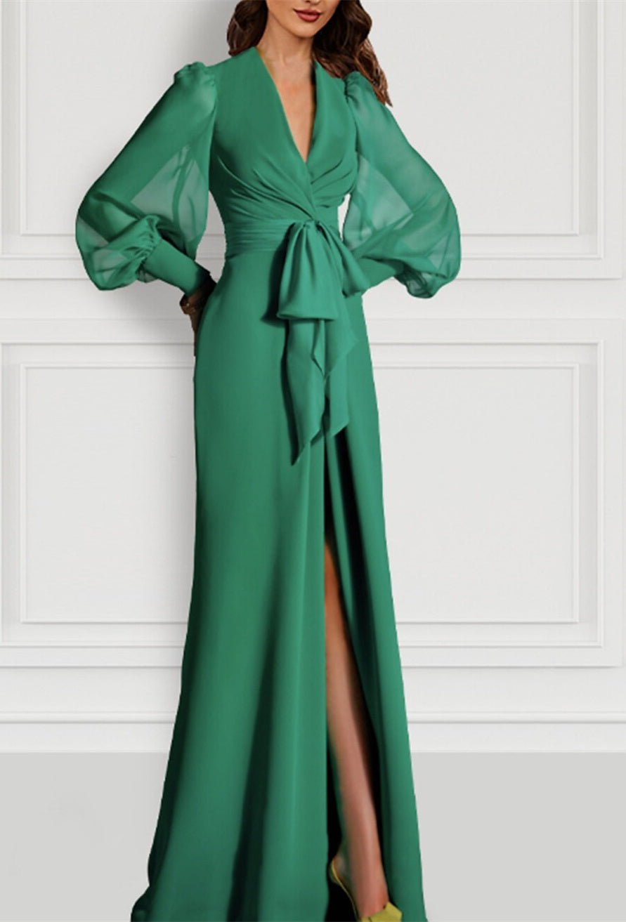 Long Sleeve V Neck Chiffon Mother Of The Bride Dress Mermaid Train Strappy Slit