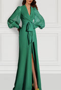 Long Sleeve V Neck Chiffon Mother Of The Bride Dress Mermaid Train Strappy Slit