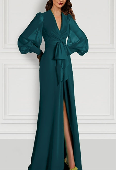 Long Sleeve V Neck Chiffon Mother Of The Bride Dress Mermaid Train Strappy Slit