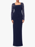 Floor Length Jersey Bridal Gown With Square Neck Long Sleeves And Lace