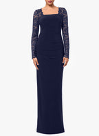 Floor Length Jersey Bridal Gown With Square Neck Long Sleeves And Lace