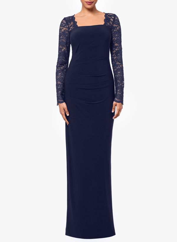 Floor Length Jersey Bridal Gown With Square Neck Long Sleeves And Lace