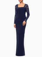 Floor Length Jersey Bridal Gown With Square Neck Long Sleeves And Lace