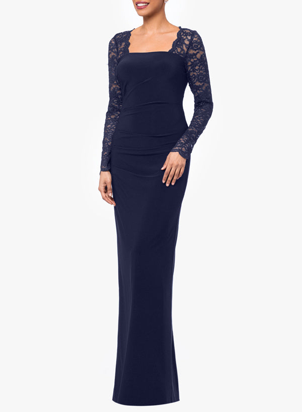 Floor Length Jersey Bridal Gown With Square Neck Long Sleeves And Lace