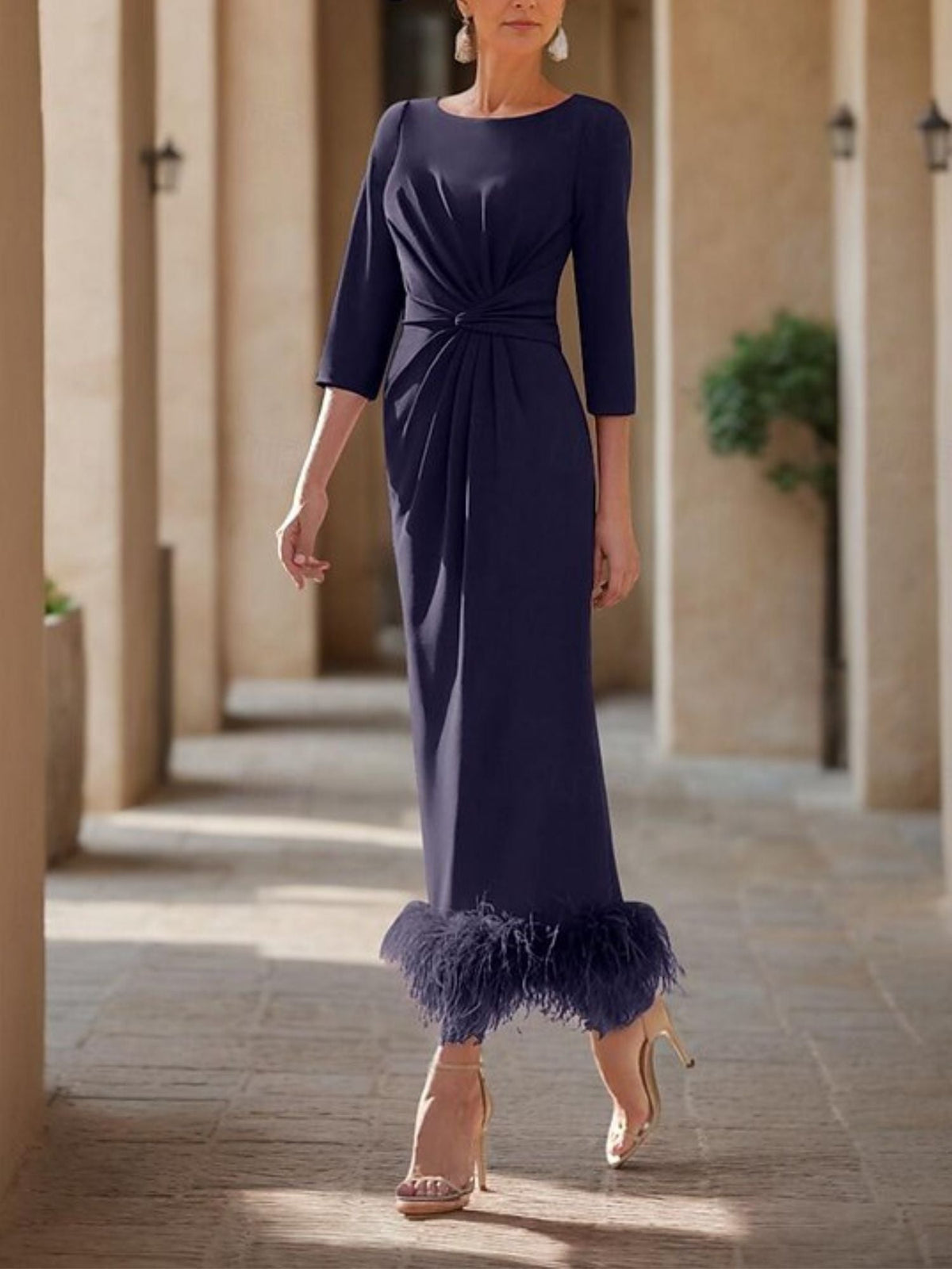 Elegant Feathered Scoop Neck Ankle Length Dress For Mothers Of The Bride