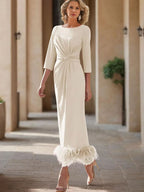 Elegant Feathered Scoop Neck Ankle Length Dress For Mothers Of The Bride
