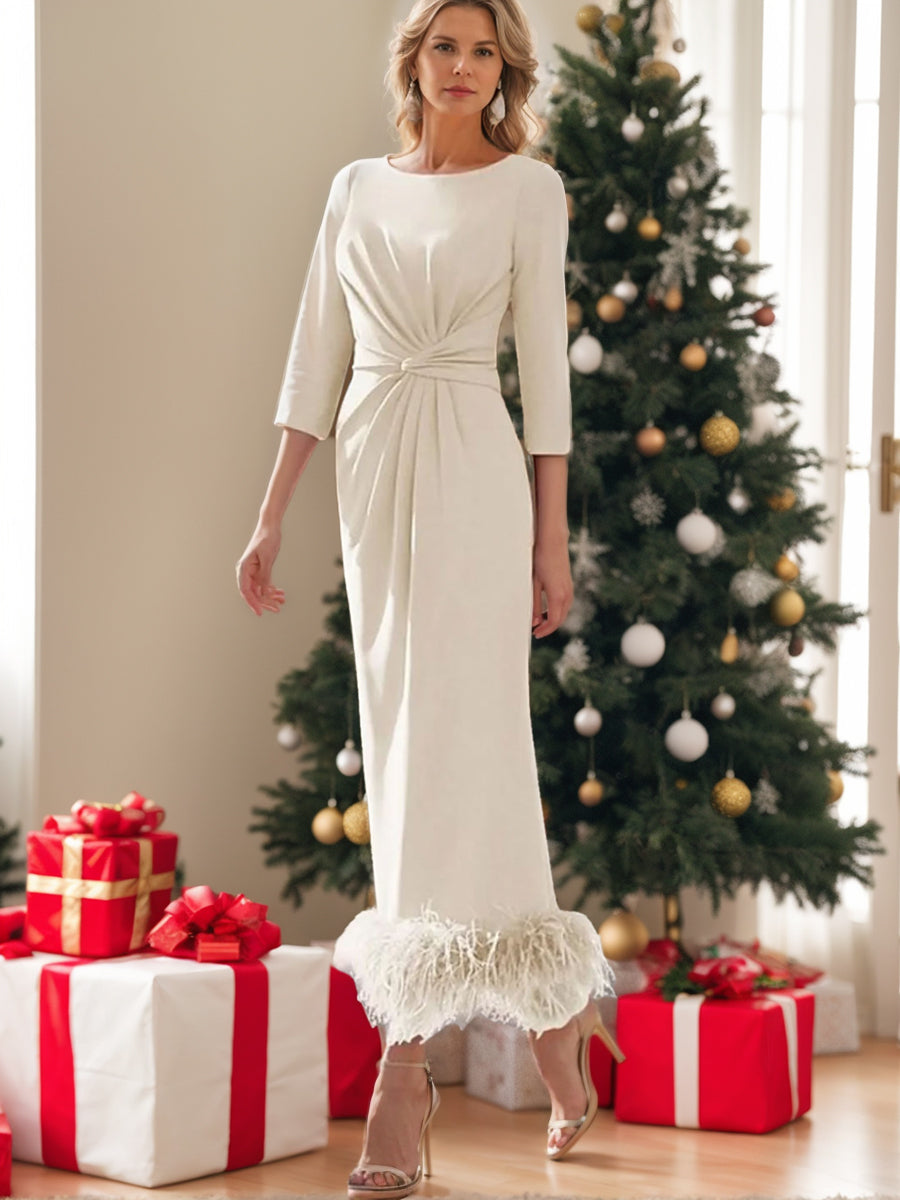 Elegant Feathered Scoop Neck Ankle Length Dress For Mothers Of The Bride