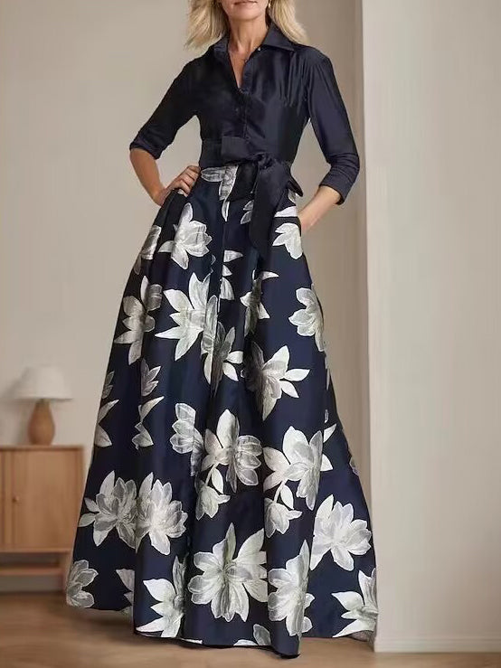Princess A Line Shirt Collar Floor Length Floral Dress for Mother of the Bride