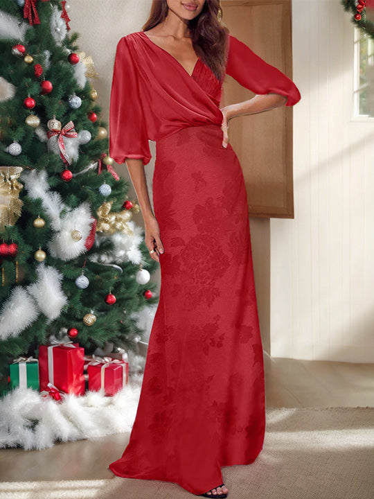 Red Floral Print V Neck Column Dress For Mothers Of The Bride And Groom