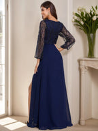 V Neck A Line Floor Length Mother Of The Bride Dress With Long Sleeves And Split