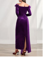 Off Shoulder Long Sleeve Sheath Dress With Feather For Mother Of The Bride