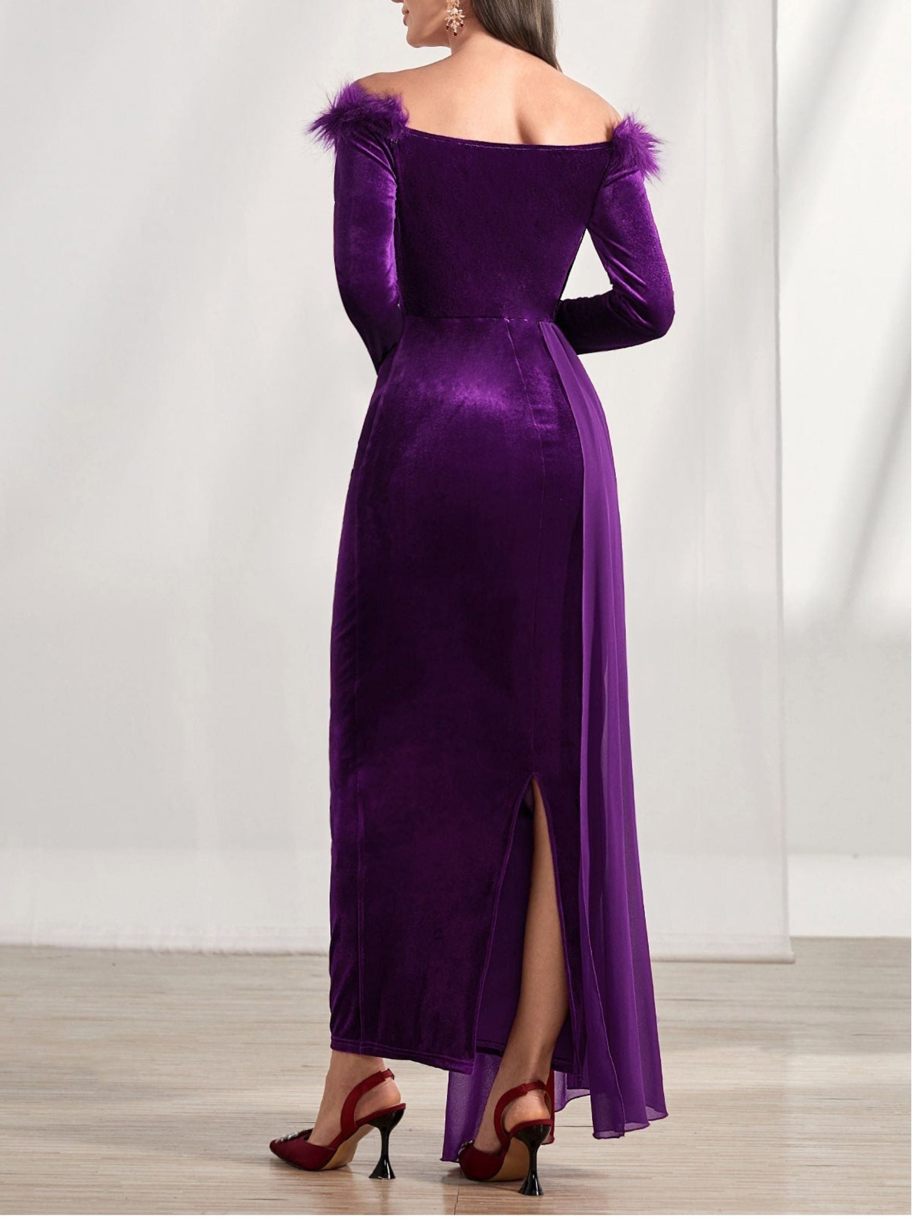 Off Shoulder Long Sleeve Sheath Dress With Feather For Mother Of The Bride