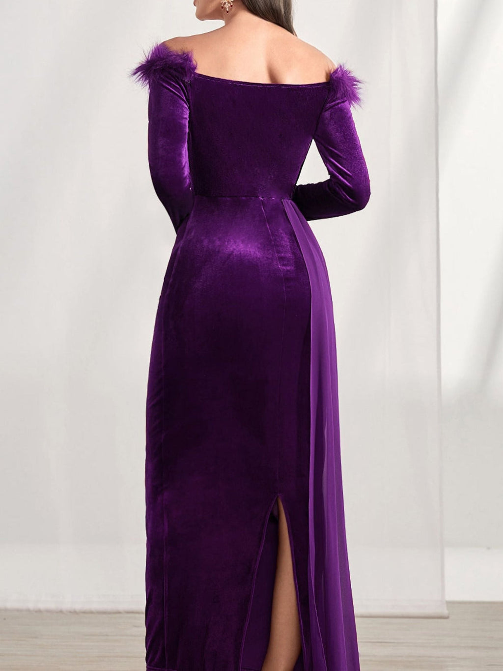 Off Shoulder Long Sleeve Sheath Dress With Feather For Mother Of The Bride