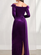 Off Shoulder Long Sleeve Sheath Dress With Feather For Mother Of The Bride