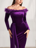 Off Shoulder Long Sleeve Sheath Dress With Feather For Mother Of The Bride