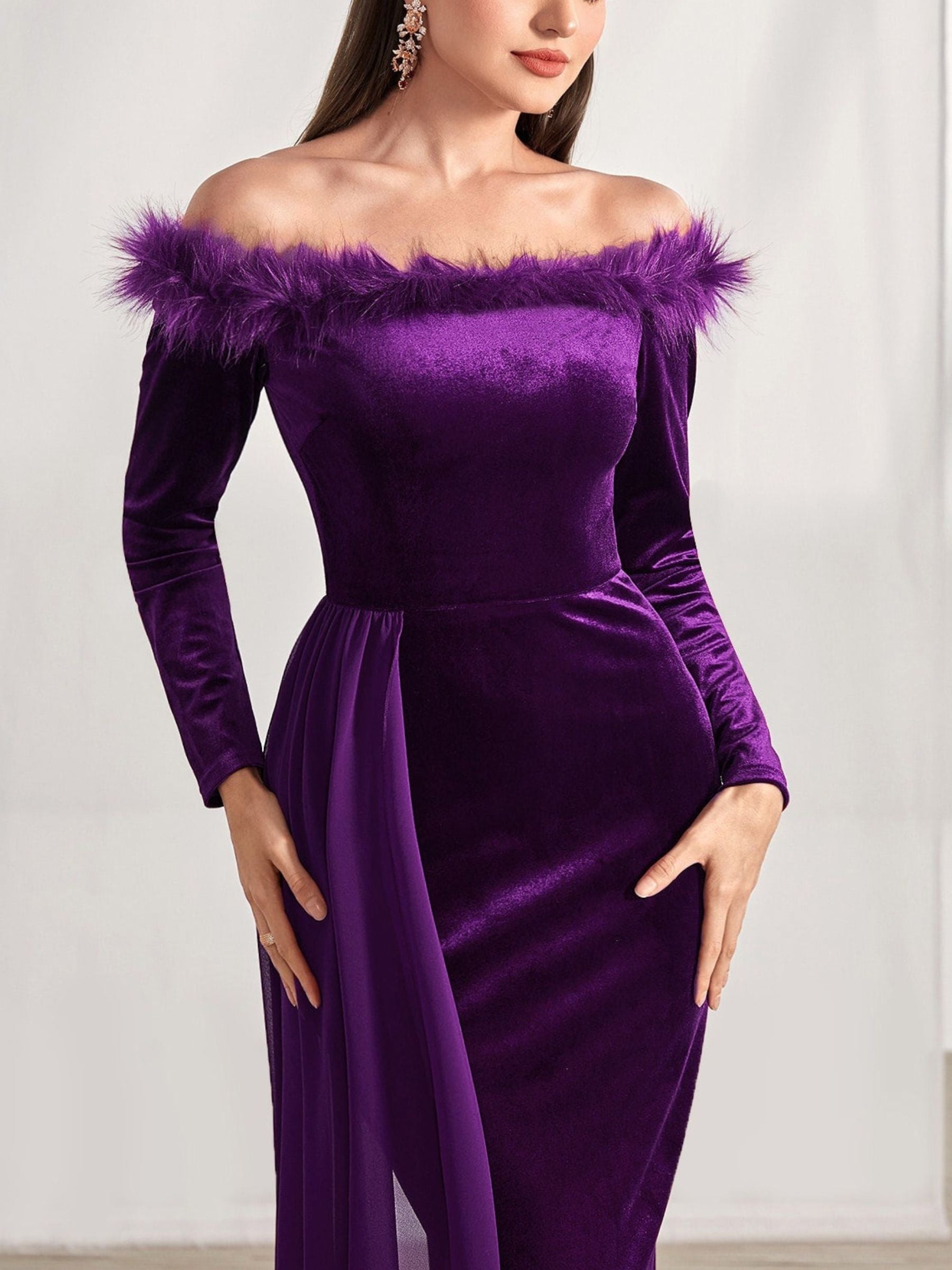 Off Shoulder Long Sleeve Sheath Dress With Feather For Mother Of The Bride