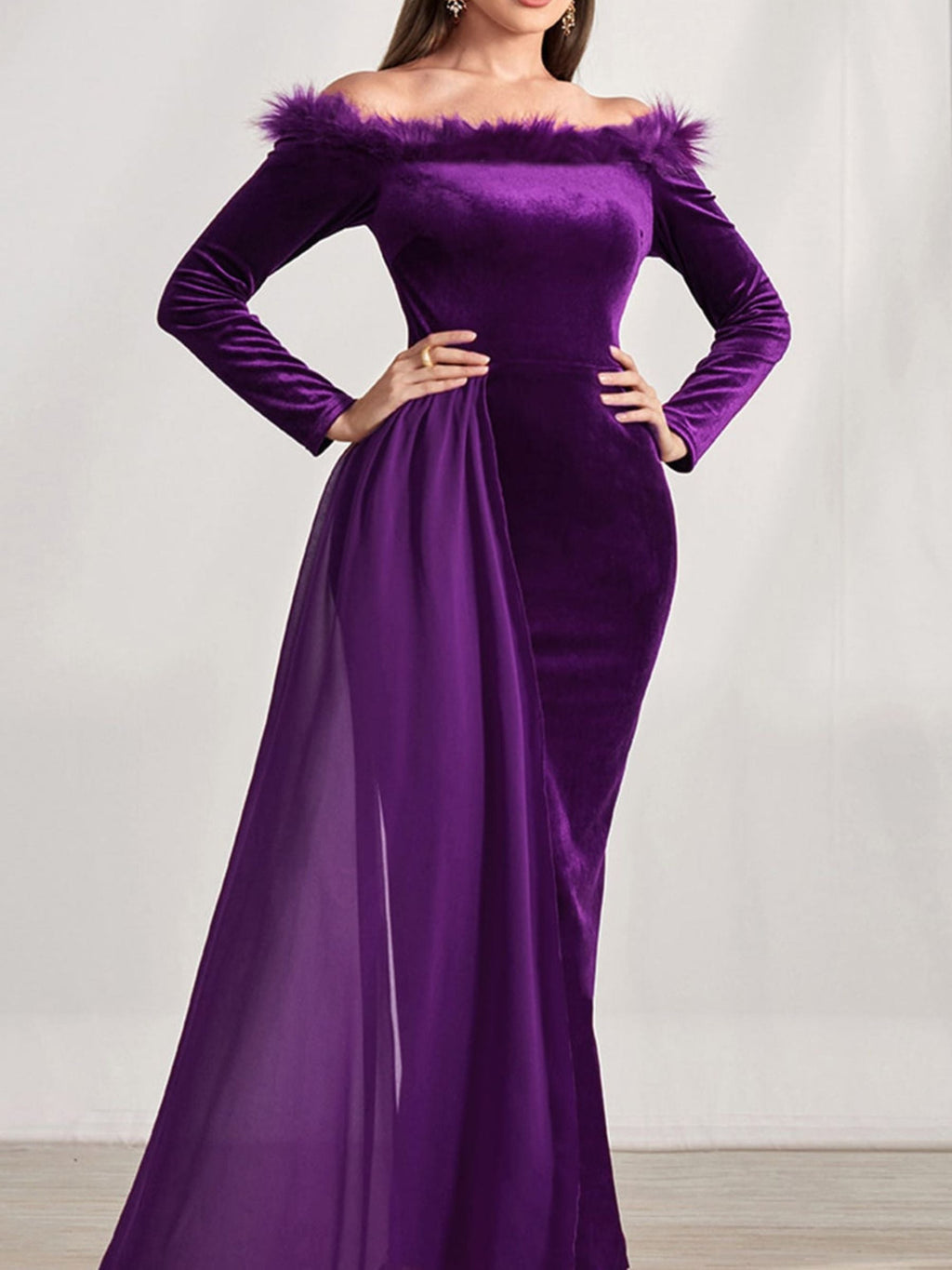 Off Shoulder Long Sleeve Sheath Dress With Feather For Mother Of The Bride
