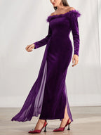 Off Shoulder Long Sleeve Sheath Dress With Feather For Mother Of The Bride