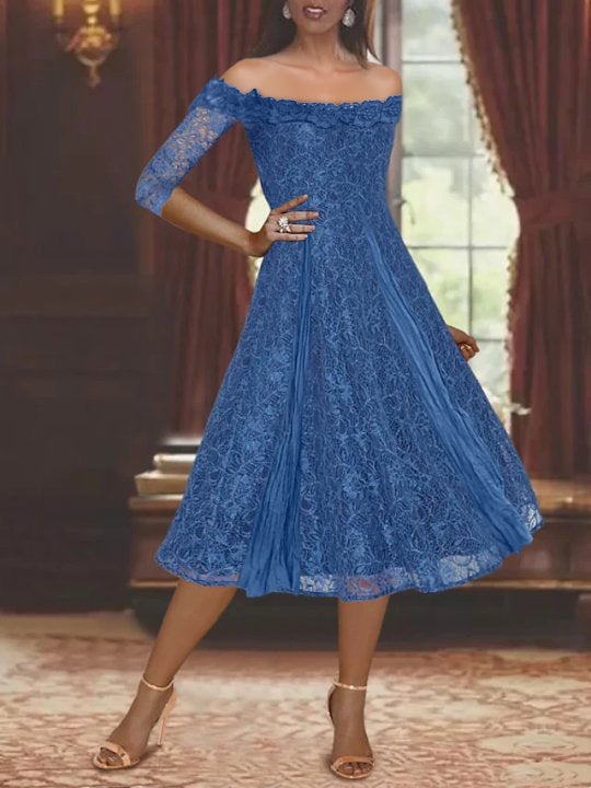 Off Shoulder Lace A Line Mother Of The Bride And Groom Dress With Half Sleeves