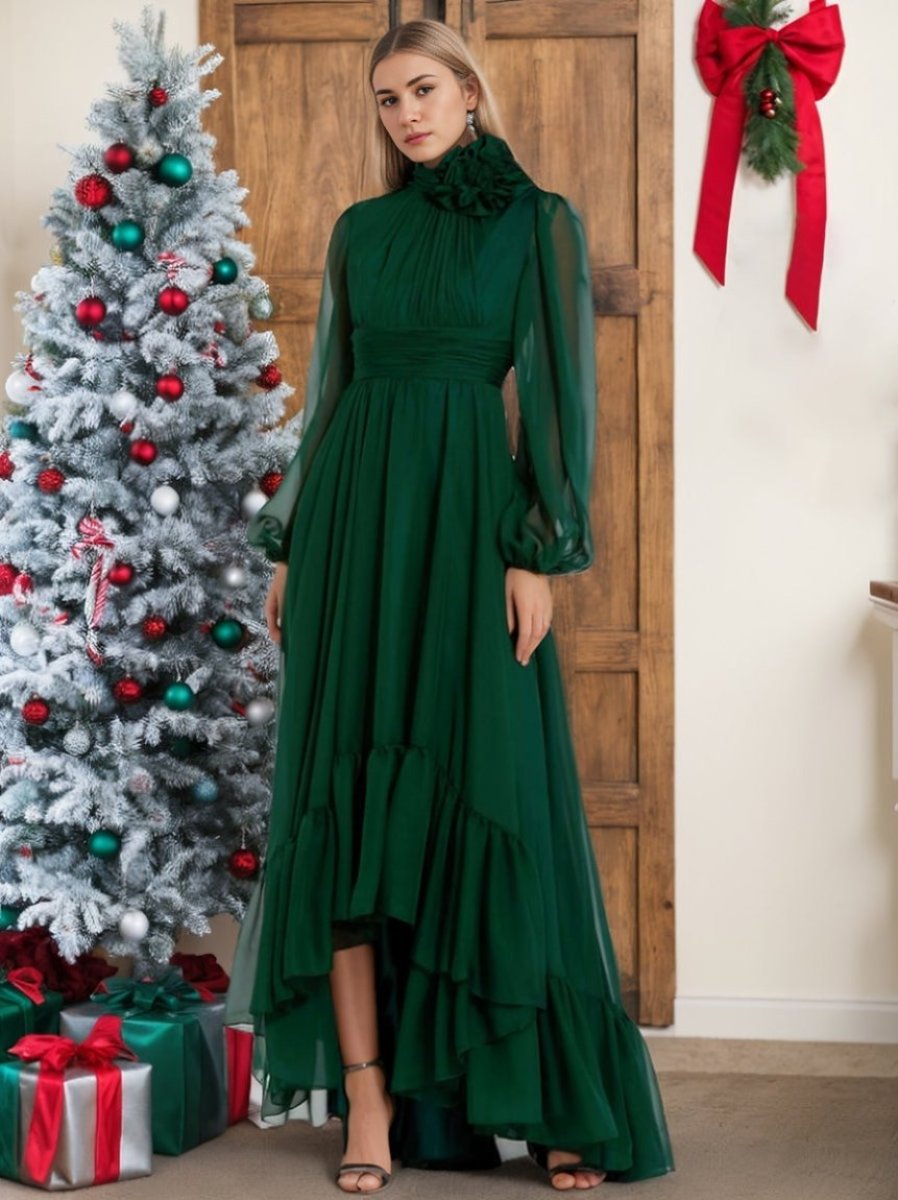 Mother Of The Bride Dress Asymmetrical A Line Jewel Neck Gown With Long Sleeves