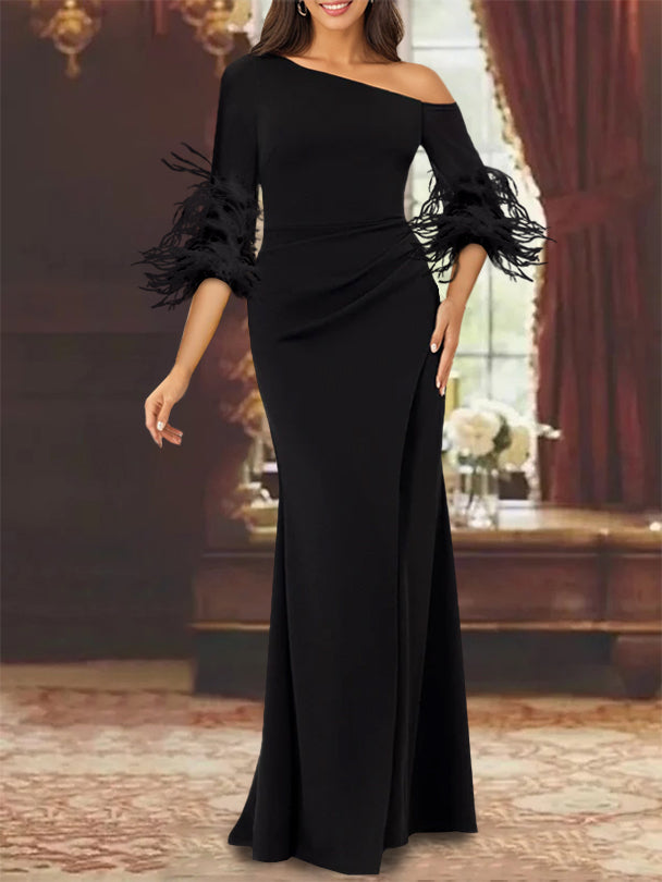 One Shoulder Chiffon Dress With Feathers For Mother Of The Bride