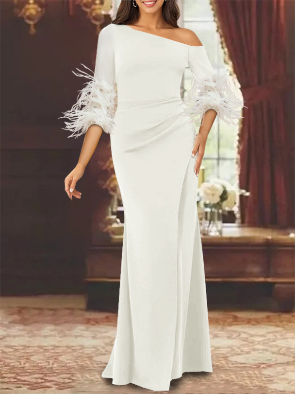 One Shoulder Chiffon Dress With Feathers For Mother Of The Bride