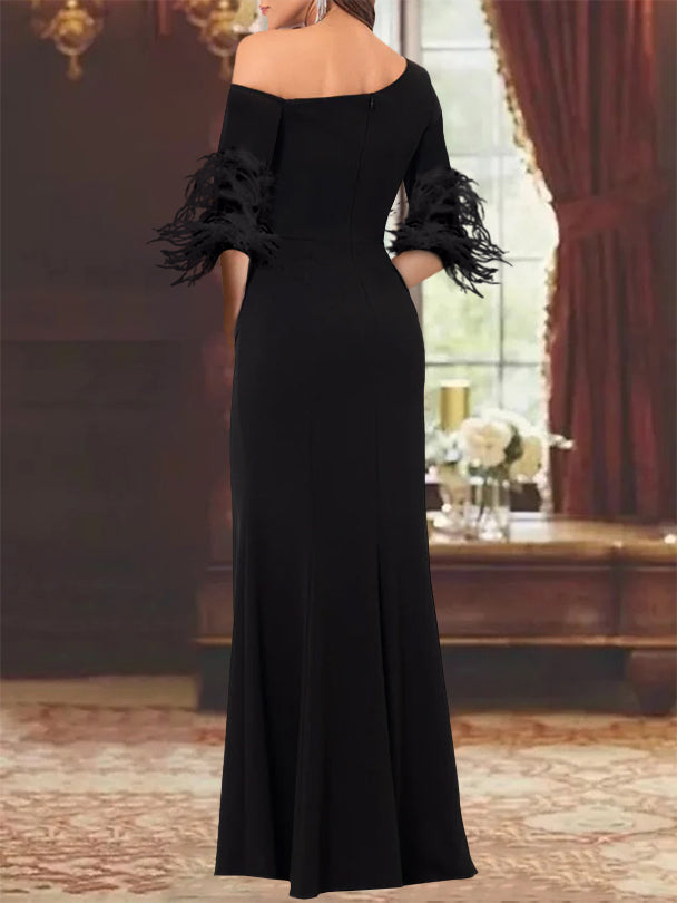 One Shoulder Chiffon Dress With Feathers For Mother Of The Bride