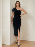 One Shoulder Tea Length Mother Of The Bride Dress With Side Split Bow Details