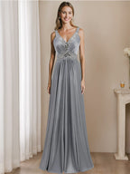 Sleeveless V Neck Floor Length A Line Mother Of The Bride Dress With Rhinestones