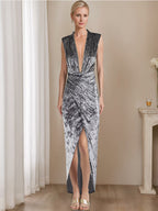V Neck Sleeveless Asymmetrical Sheath Dress with Ruffles for Mother of the Bride